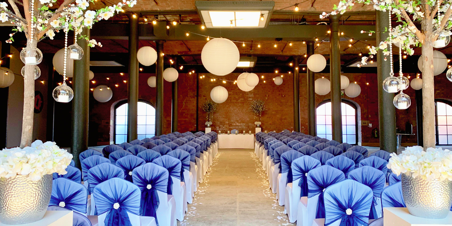 Event Venue Dressed in Navy & Pearl Wedding Theme